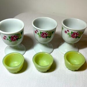 Floral Egg Cups with Green insert bowls. Vintage. Set of 3